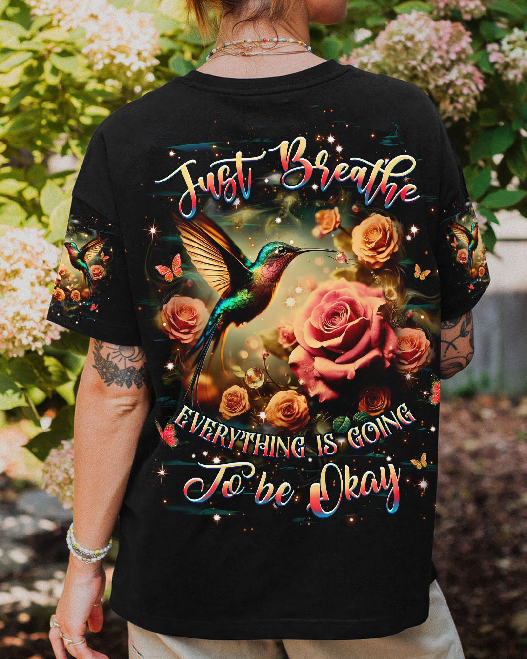 Just Breathe Everything Is Going to Be Okay Rose and Hummingbird Graphic AOP Shirts _1_ oBiMp