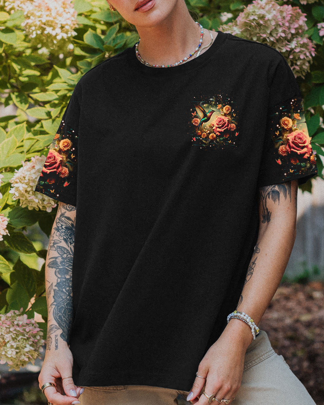 Just Breathe Everything Is Going to Be Okay Rose and Hummingbird Graphic AOP Shirts _2_ QruqS