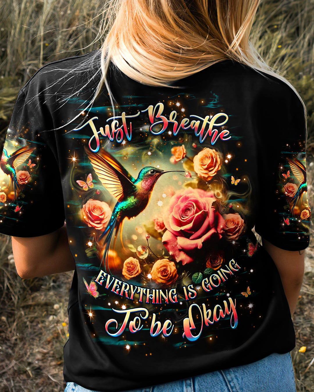 Just Breathe Everything Is Going to Be Okay Rose and Hummingbird Graphic AOP Shirts _3_ vaIoc