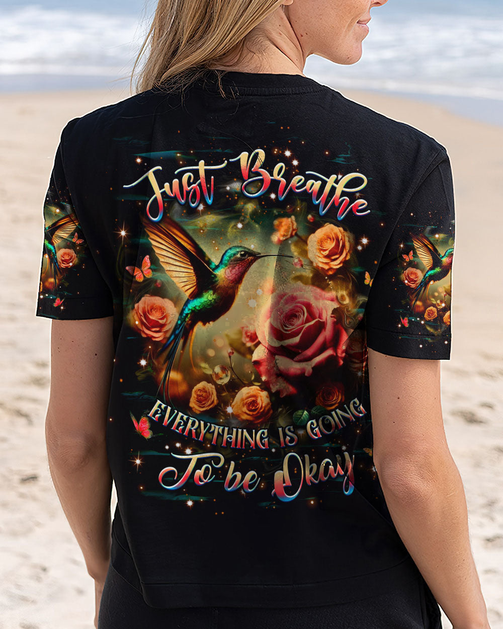 Just Breathe Everything Is Going to Be Okay Rose and Hummingbird Graphic AOP Shirts _5_ Hvess