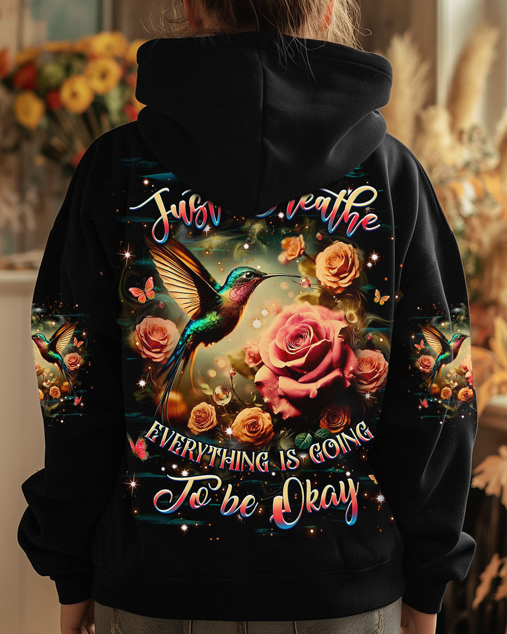Just Breathe Everything Is Going to Be Okay Rose and Hummingbird Graphic AOP Shirts _7_ kHYZg