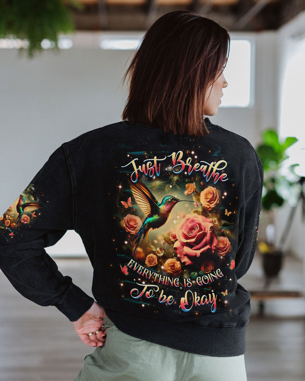 Just Breathe Everything Is Going to Be Okay Rose and Hummingbird Graphic AOP Shirts _9_ OTELs