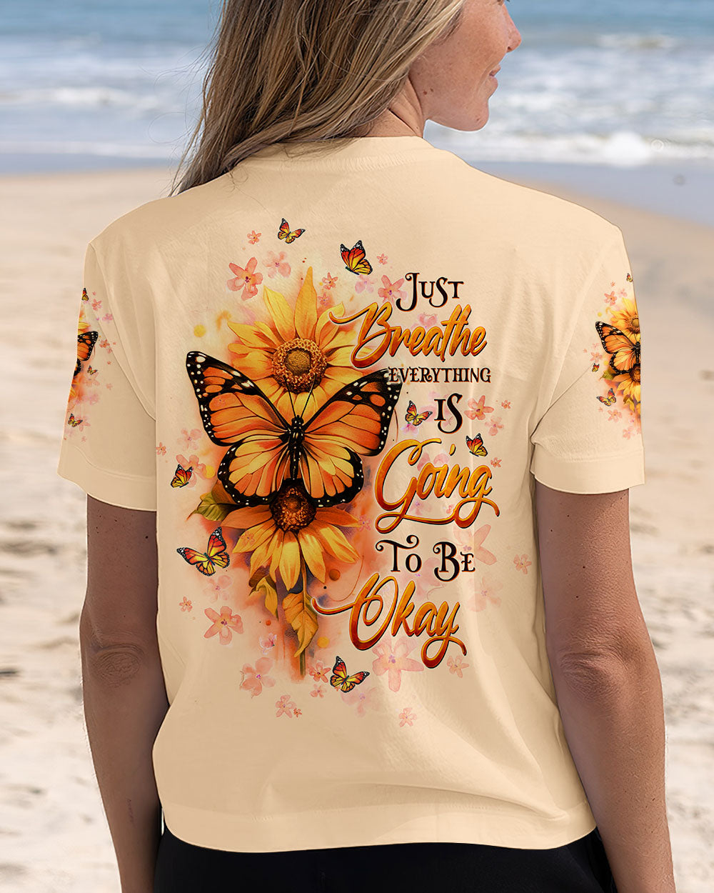 Just Breathe Everything Is Going to Be Okay Sunflower Butterfly AOP Shirts _13_ cUZlD