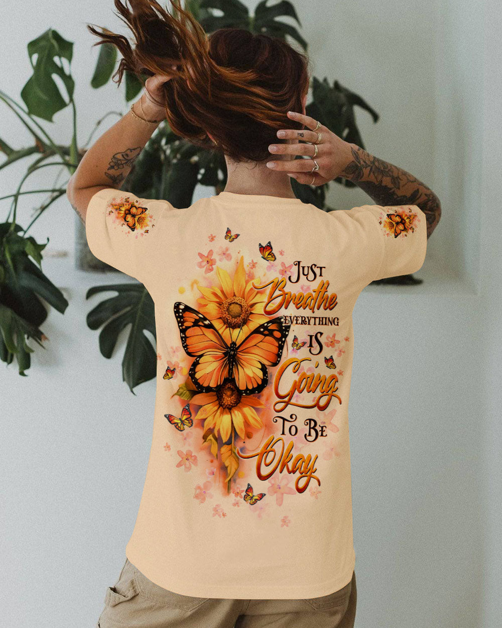 Just Breathe Everything Is Going to Be Okay Sunflower Butterfly AOP Shirts _8_ HVkhK