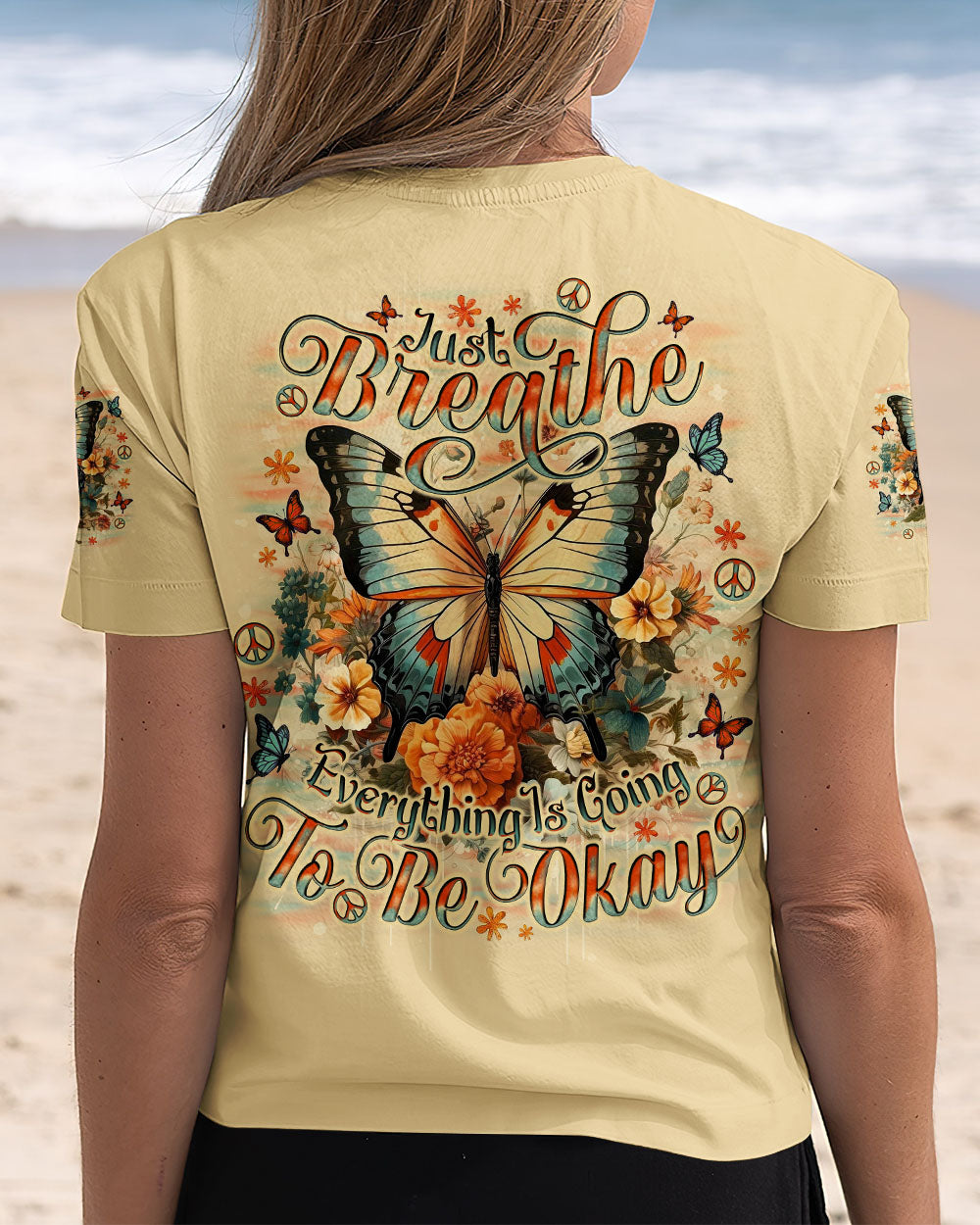 Just Breathe Everything Is Going to Be Okay Vintage Butterfly and Floral AOP Shirts _5_ X8E3R
