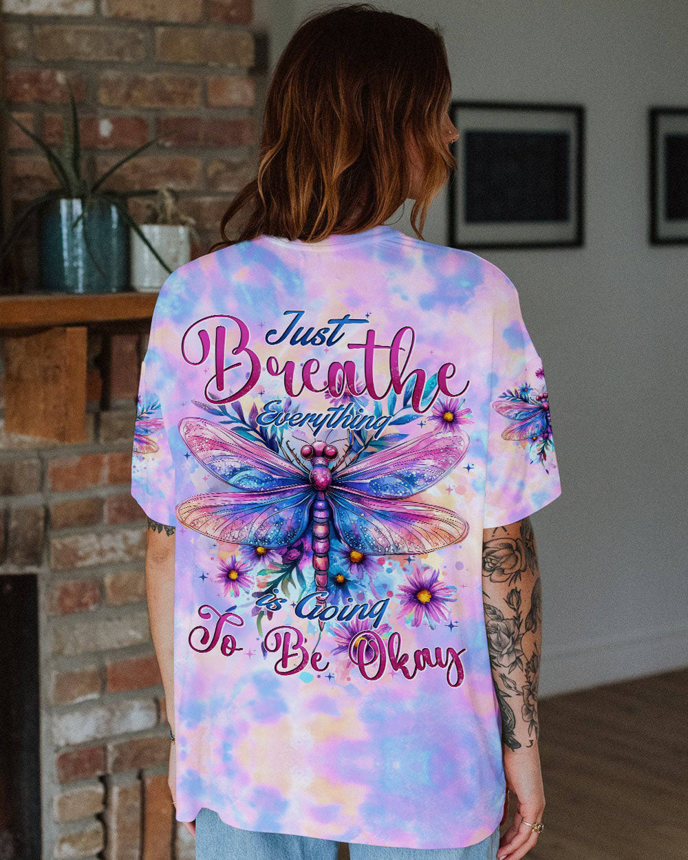 Just Breathe Everything Will Be Okay Dragonfly Tie Dye Inspirational AOP Shirts _3_ FfdwQ