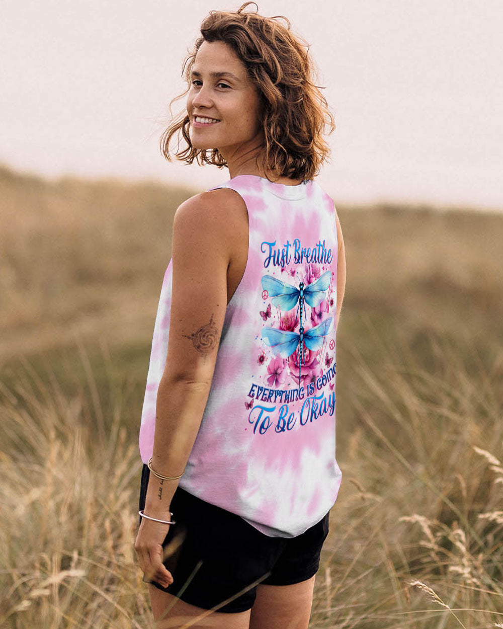 Just Breathe Everything Will Be Okay Tie Dye Dragonfly Graphic for Women AOP Shirts _11_ tpwnY