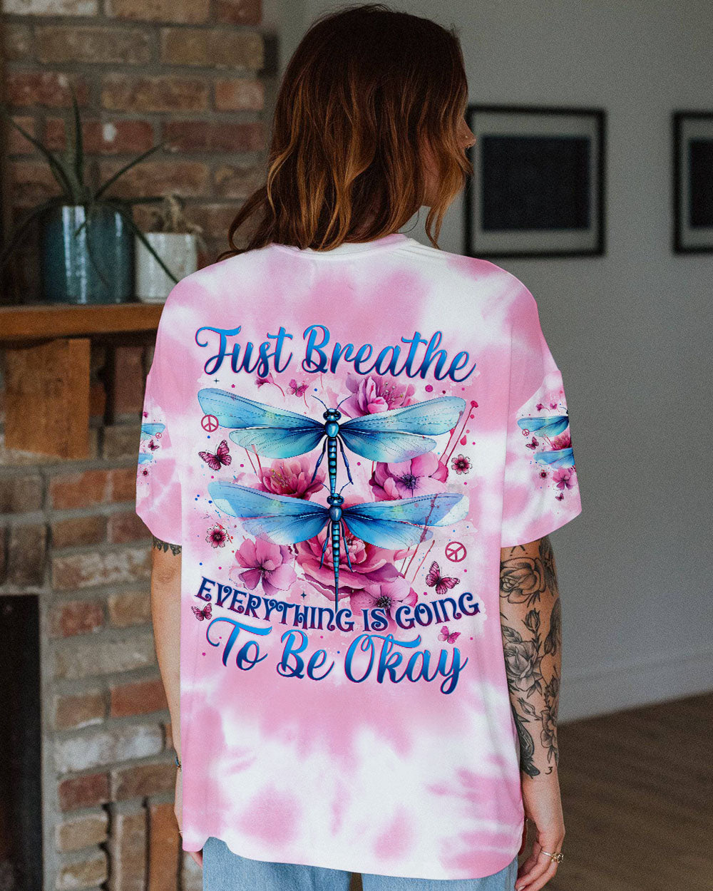 Just Breathe Everything Will Be Okay Tie Dye Dragonfly Graphic for Women AOP Shirts _1_ j4qPi
