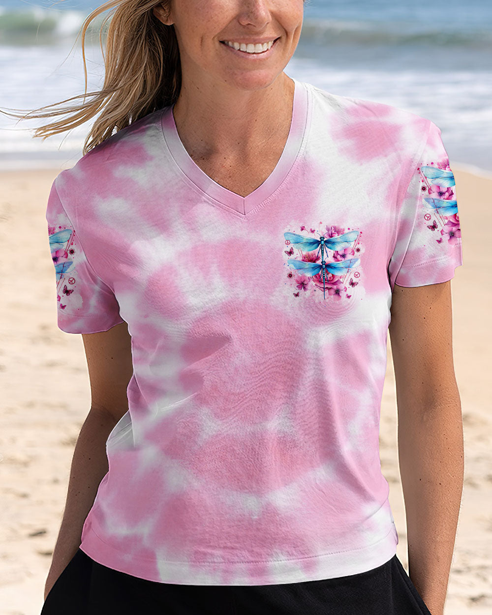 Just Breathe Everything Will Be Okay Tie Dye Dragonfly Graphic for Women AOP Shirts _2_ TXR9U