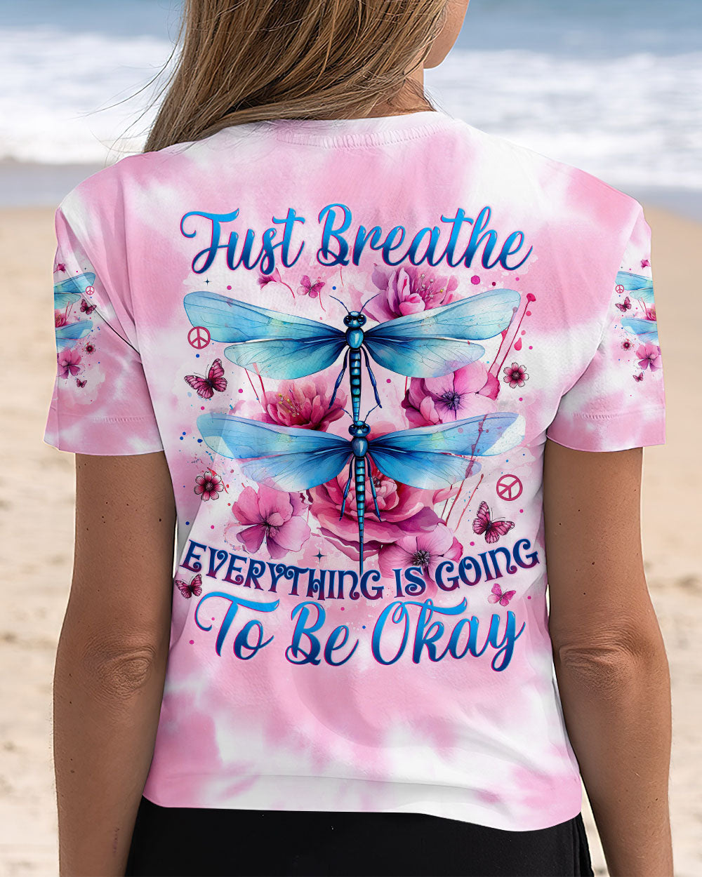 Just Breathe Everything Will Be Okay Tie Dye Dragonfly Graphic for Women AOP Shirts _3_ fLcD8