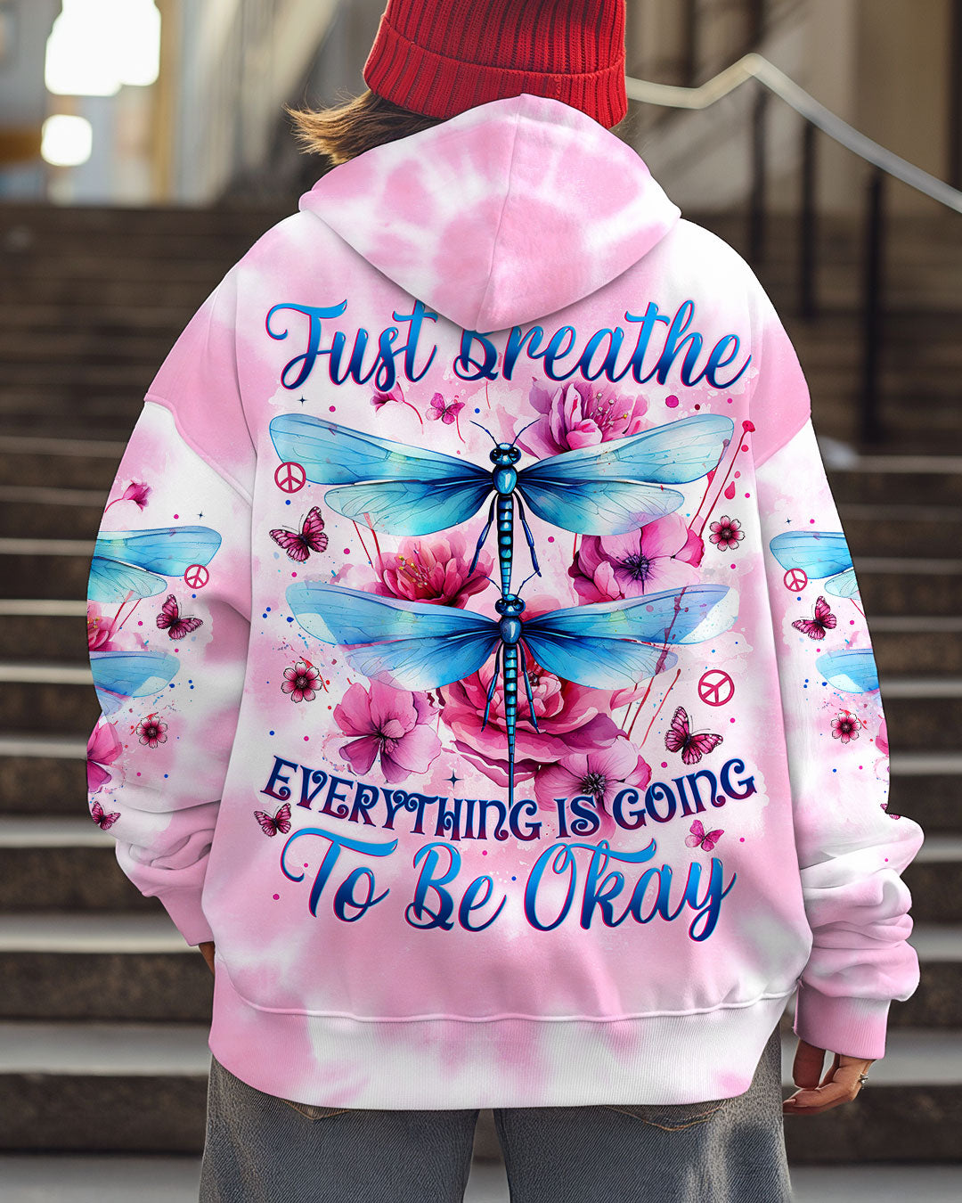 Just Breathe Everything Will Be Okay Tie Dye Dragonfly Graphic for Women AOP Shirts _5_ pW79B