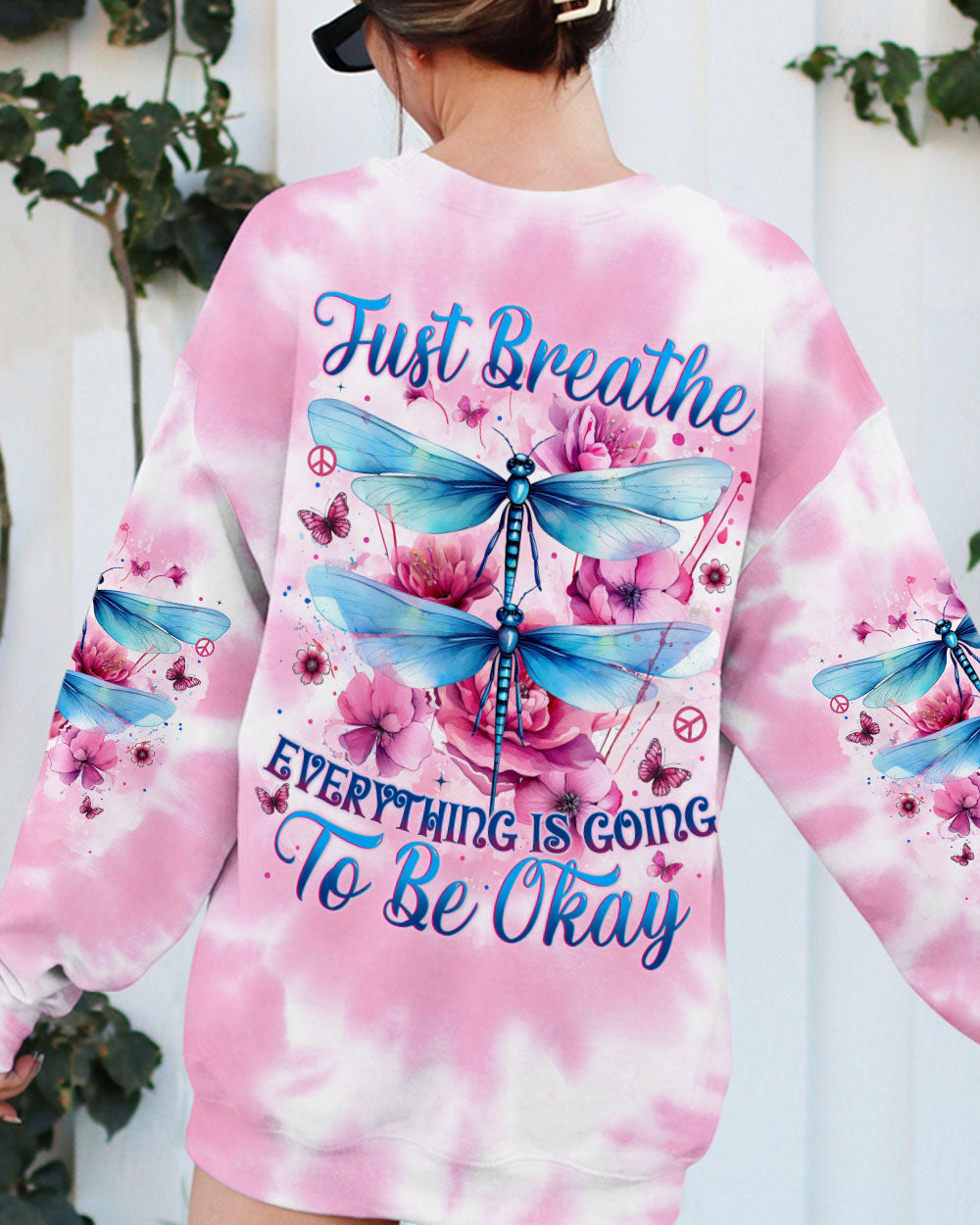 Just Breathe Everything Will Be Okay Tie Dye Dragonfly Graphic for Women AOP Shirts _7_ z1GBU