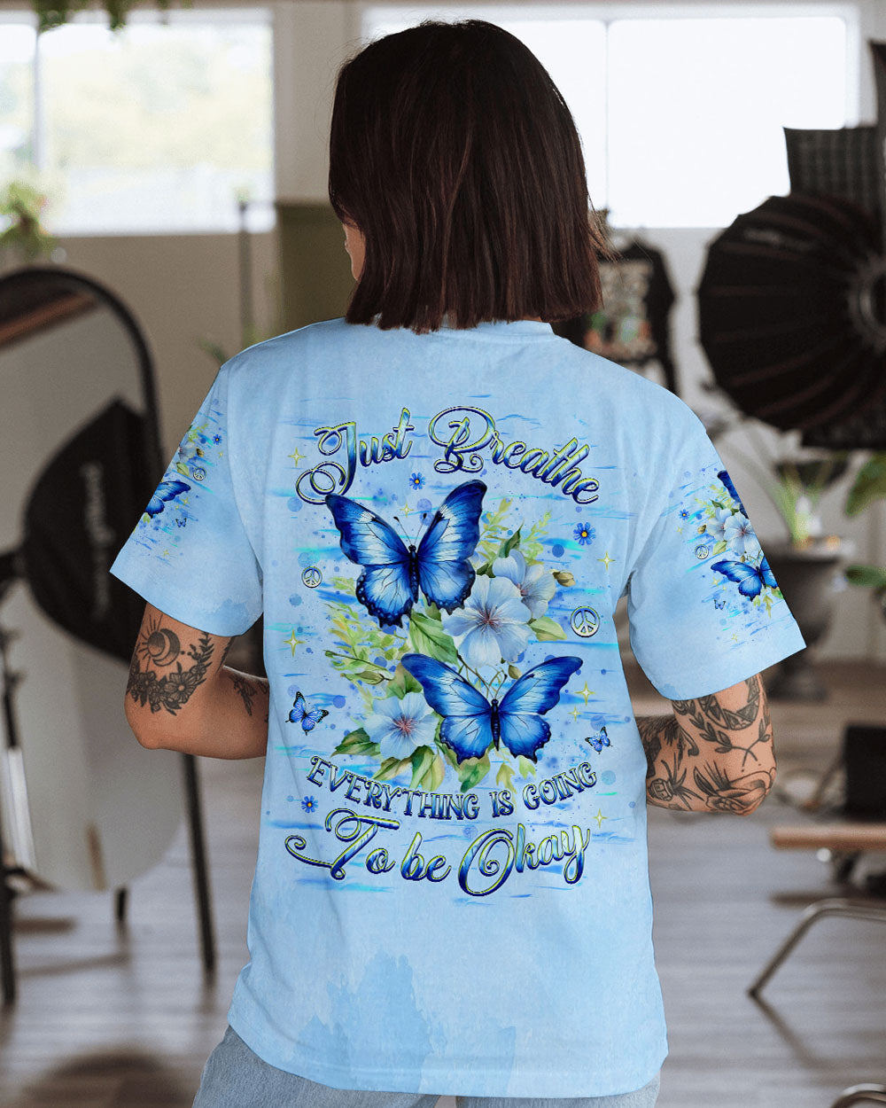 Just Breathe Everything is Going To Be Okay Blue Butterfly Inspirational AOP Shirts _1_ P7wq4
