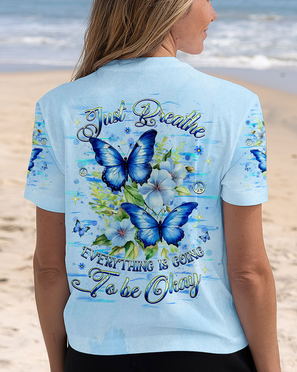 Just Breathe Everything is Going To Be Okay Blue Butterfly Inspirational AOP Shirts _3_ A4L1H