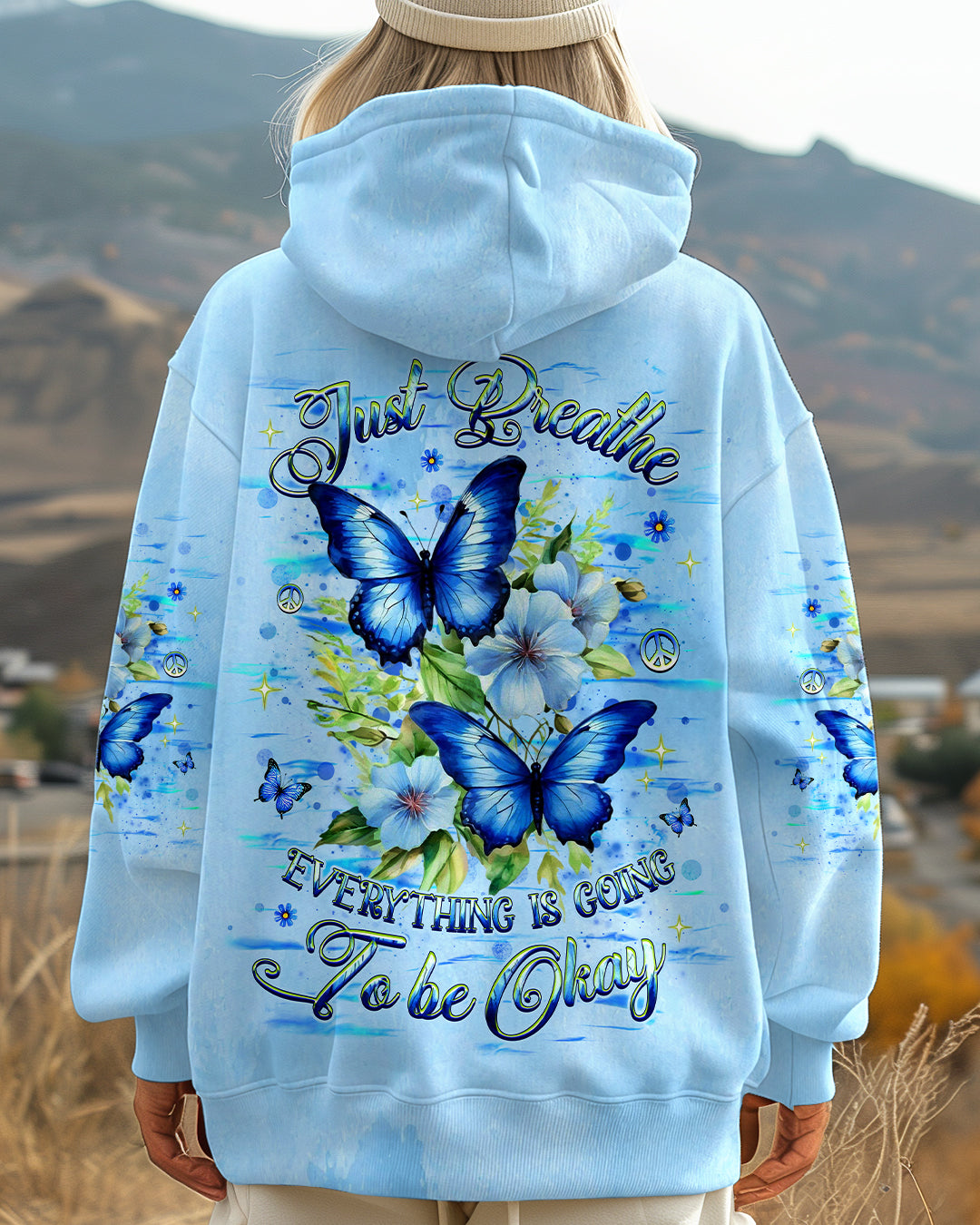 Just Breathe Everything is Going To Be Okay Blue Butterfly Inspirational AOP Shirts _5_ o5AjO