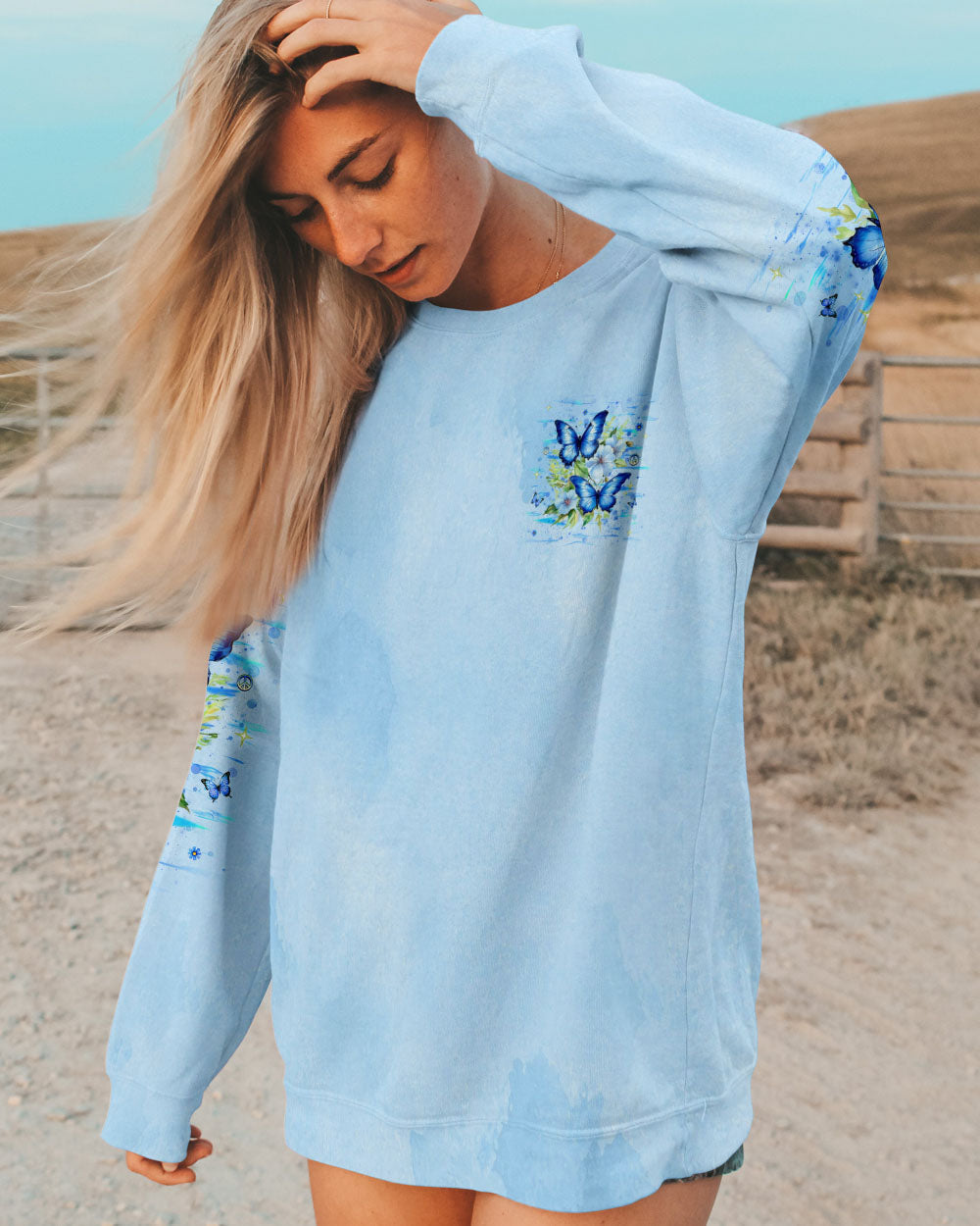 Just Breathe Everything is Going To Be Okay Blue Butterfly Inspirational AOP Shirts _6_ uQwfY