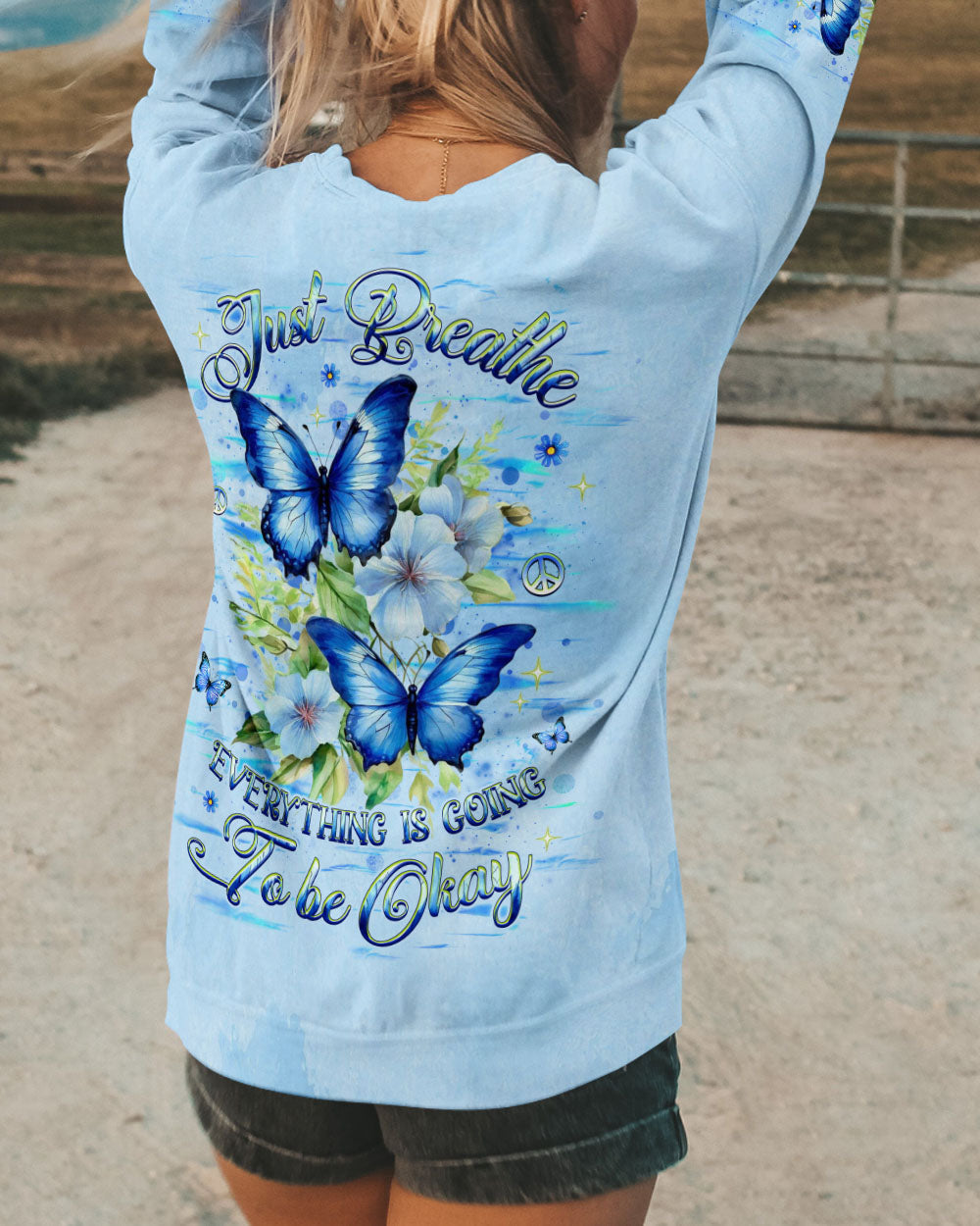 Just Breathe Everything is Going To Be Okay Blue Butterfly Inspirational AOP Shirts _7_ MkzAT
