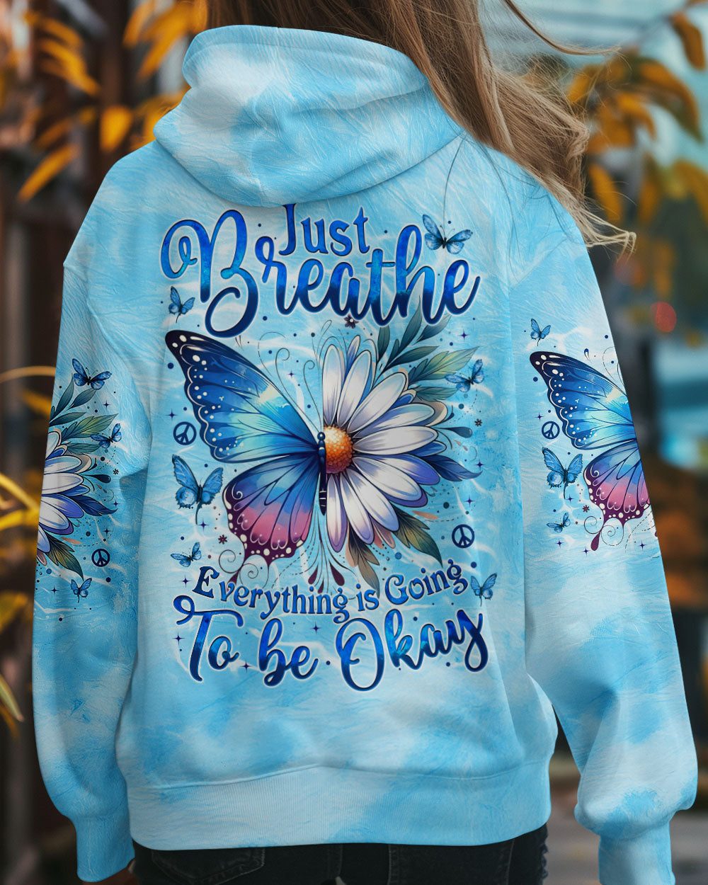 Just Breathe Everything is Going to Be Okay Blue Butterfly Daisy AOP Shirts _11_ dau6f