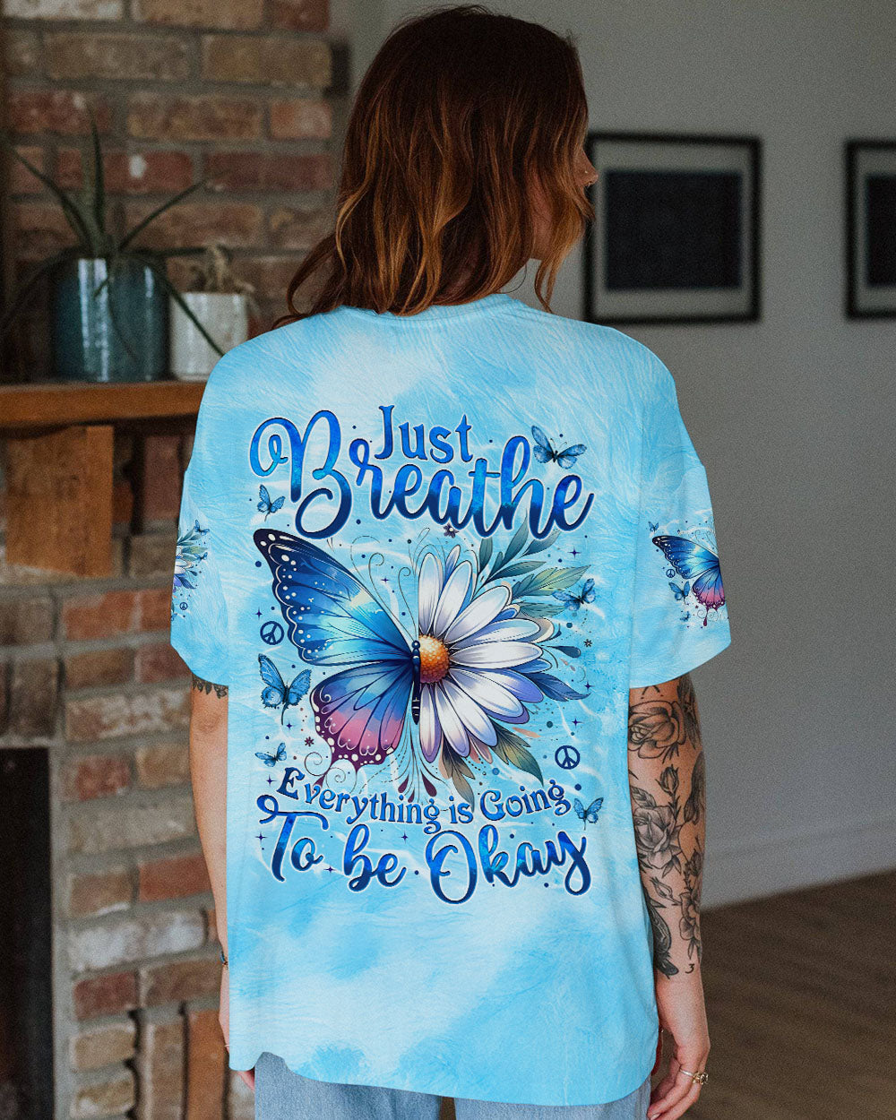 Just Breathe Everything is Going to Be Okay Blue Butterfly Daisy AOP Shirts _13_ 7mIzz