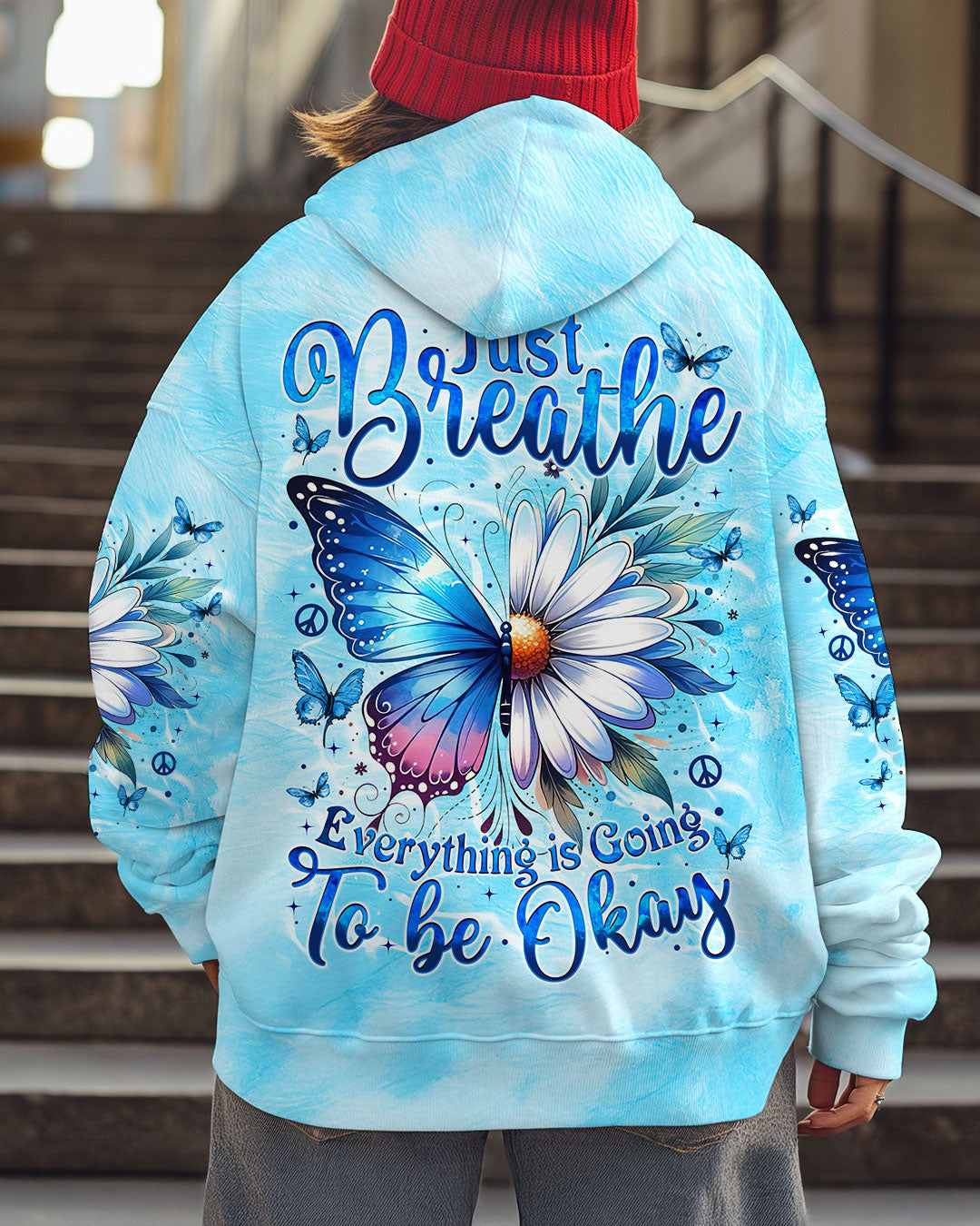Just Breathe Everything is Going to Be Okay Blue Butterfly Daisy AOP Shirts _3_ dDNUZ
