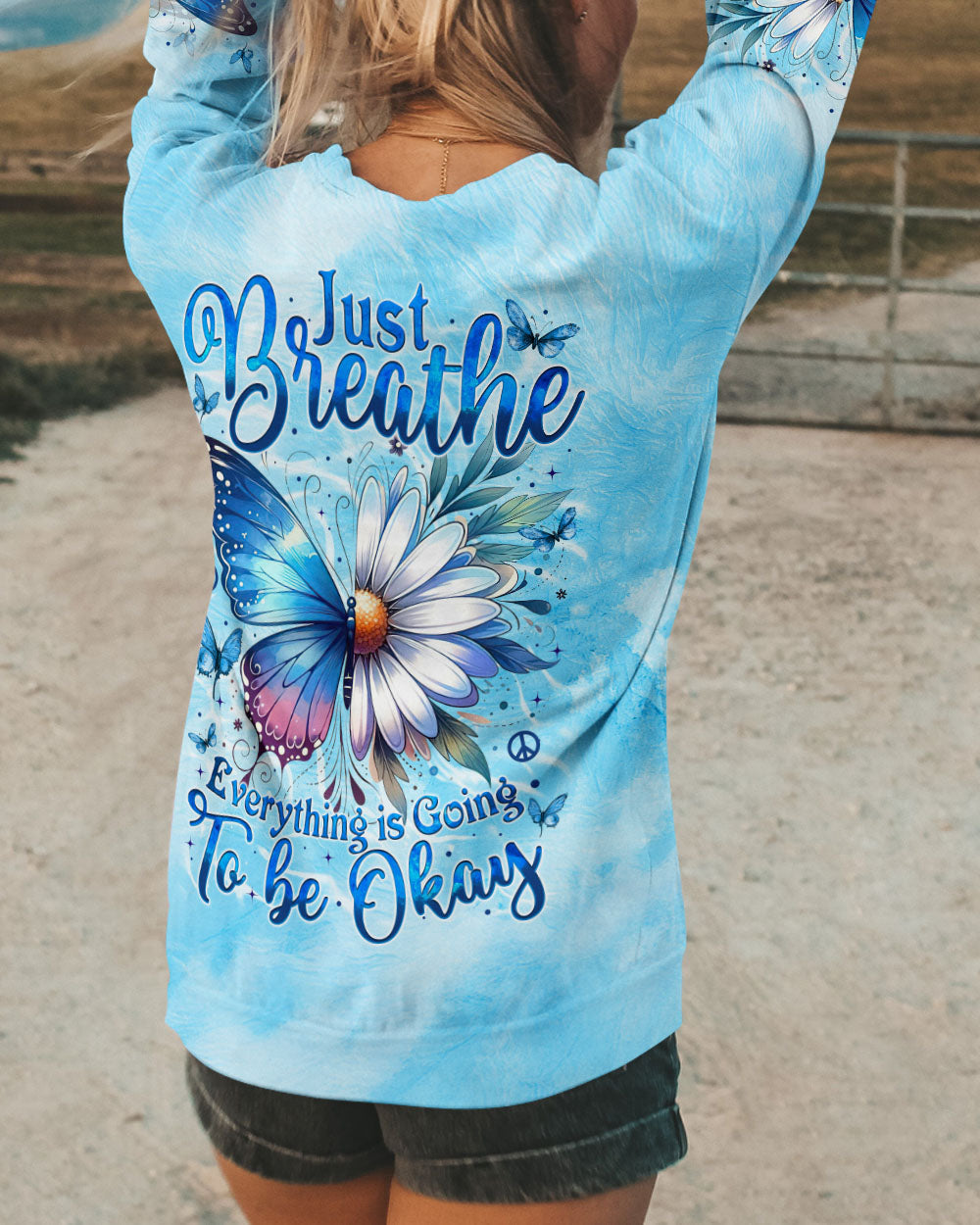 Just Breathe Everything is Going to Be Okay Blue Butterfly Daisy AOP Shirts _5_ rRwdz