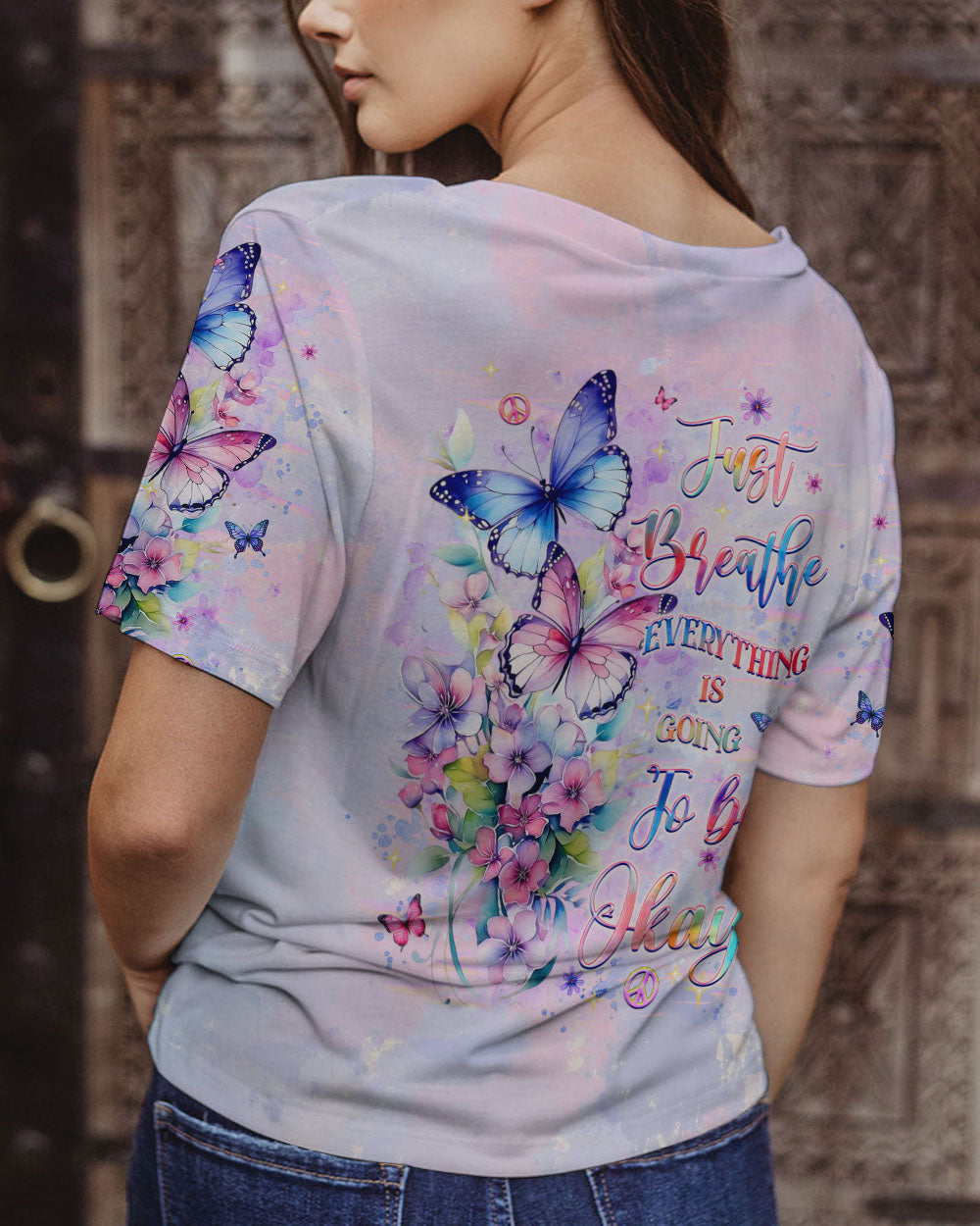 Just Breathe Everything is Going to Be Okay Butterflies and Flowers AOP Shirts _12_ 1j0u3