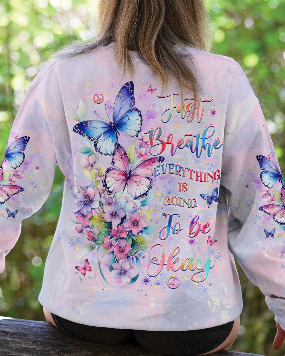 Just Breathe Everything is Going to Be Okay Butterflies and Flowers AOP Shirts _3_ 6zMyF