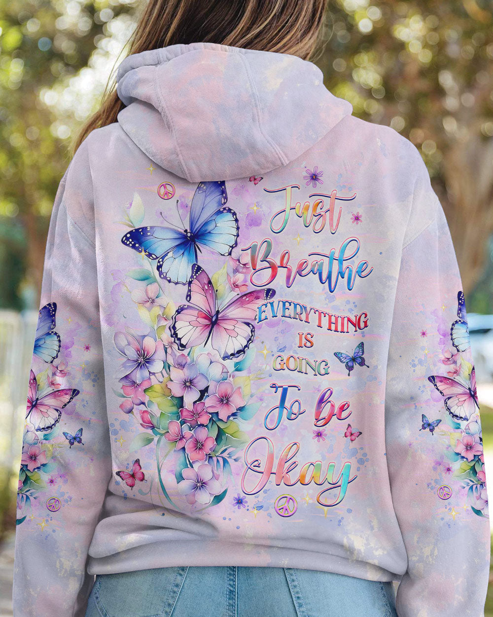 Just Breathe Everything is Going to Be Okay Butterflies and Flowers AOP Shirts _8_ VCJm9