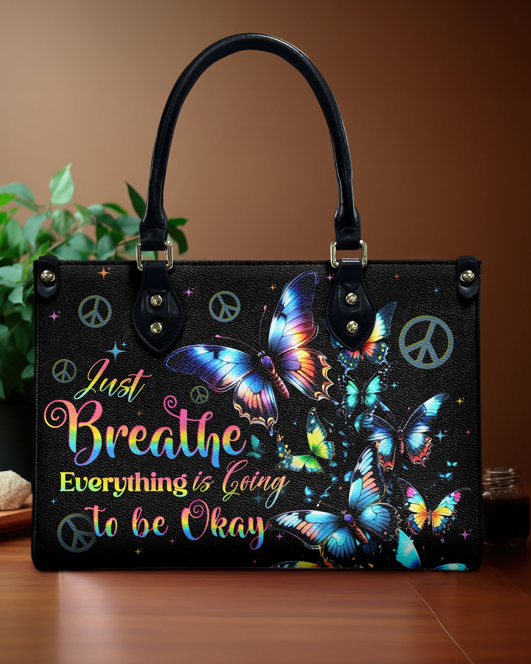 Just Breathe Everything is Going to Be Okay Butterfly and Peace Sign Hippie Leather Bag _1_ ohsvo