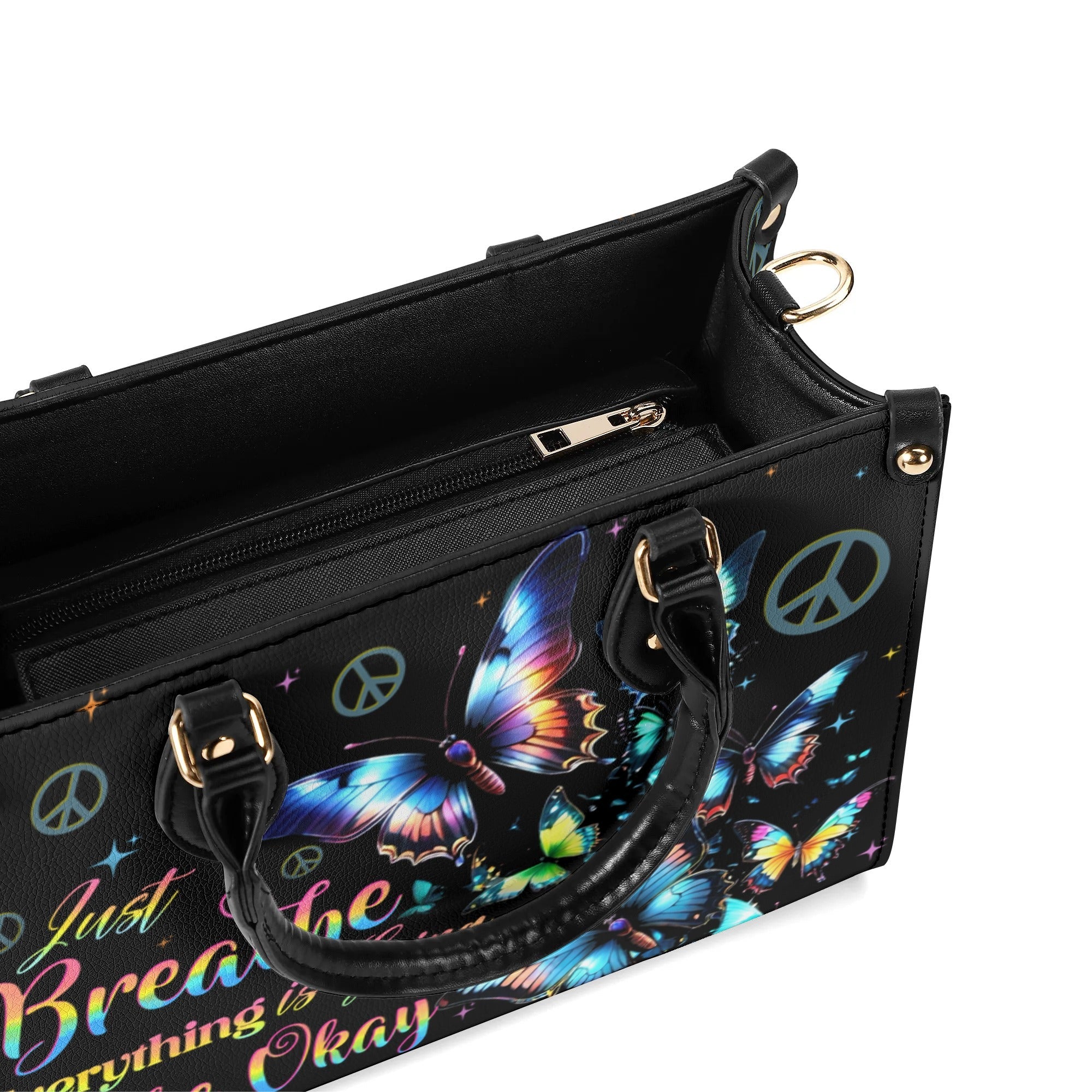 Just Breathe Everything is Going to Be Okay Butterfly and Peace Sign Hippie Leather Bag _3_ 4AaoG