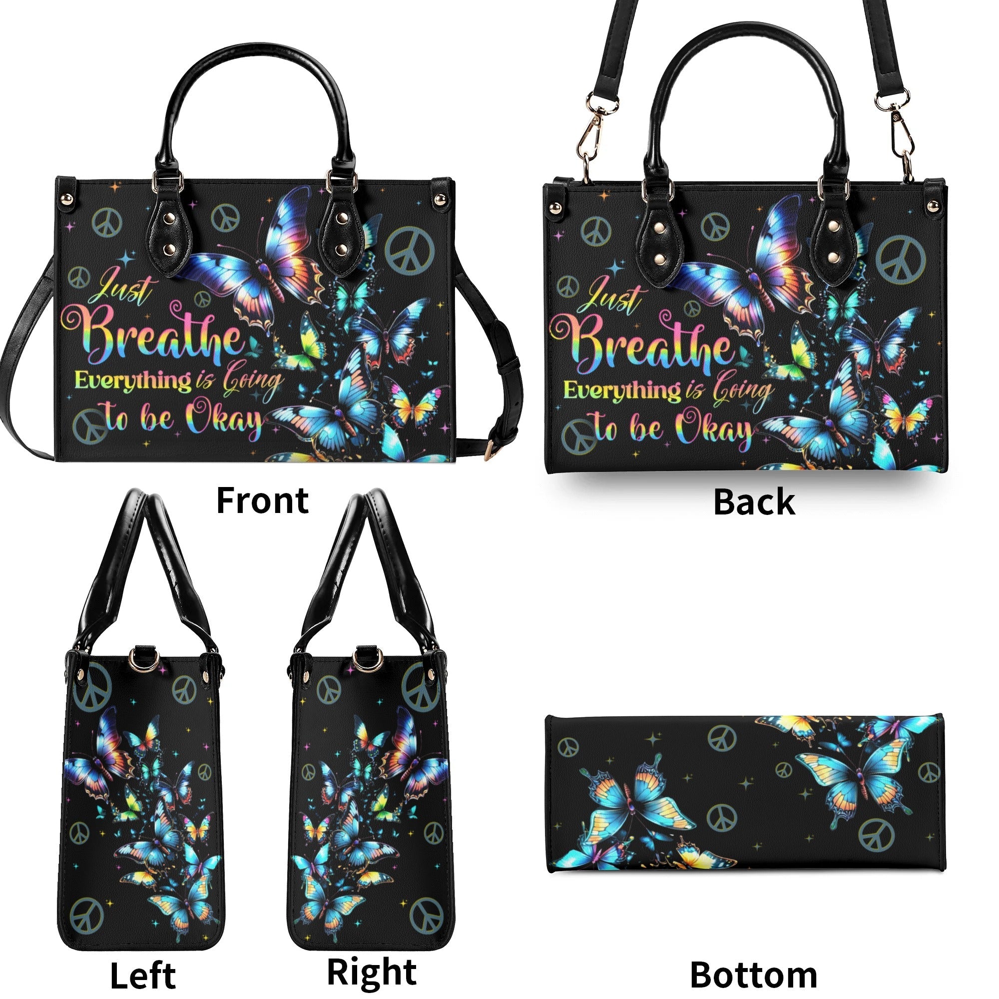 Just Breathe Everything is Going to Be Okay Butterfly and Peace Sign Hippie Leather Bag _5_ RDO1B