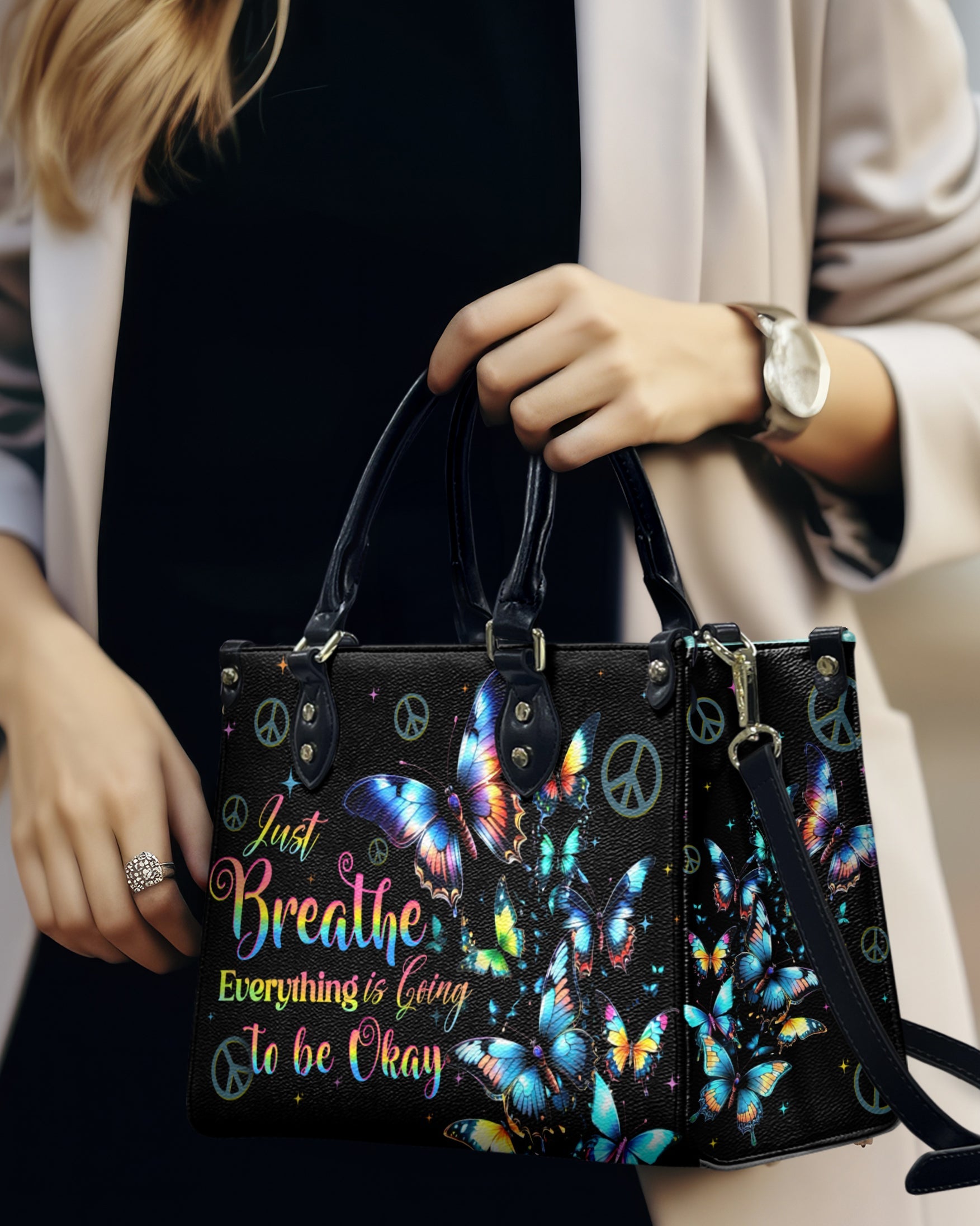 Just Breathe Everything is Going to Be Okay Butterfly and Peace Sign Hippie Leather Bag _7_ PIGly