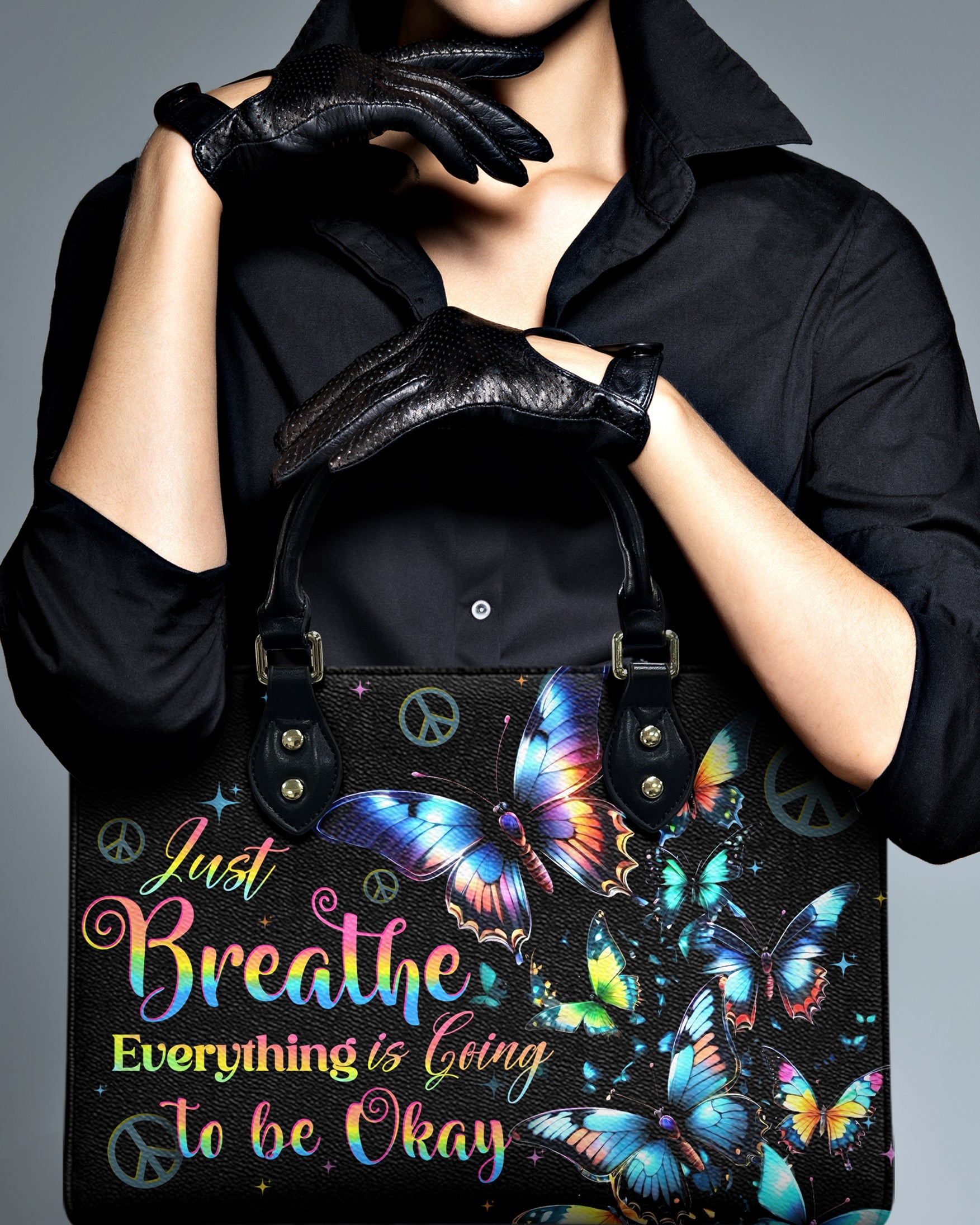 Just Breathe Everything is Going to Be Okay Butterfly and Peace Sign Hippie Leather Bag _8_ APEuu