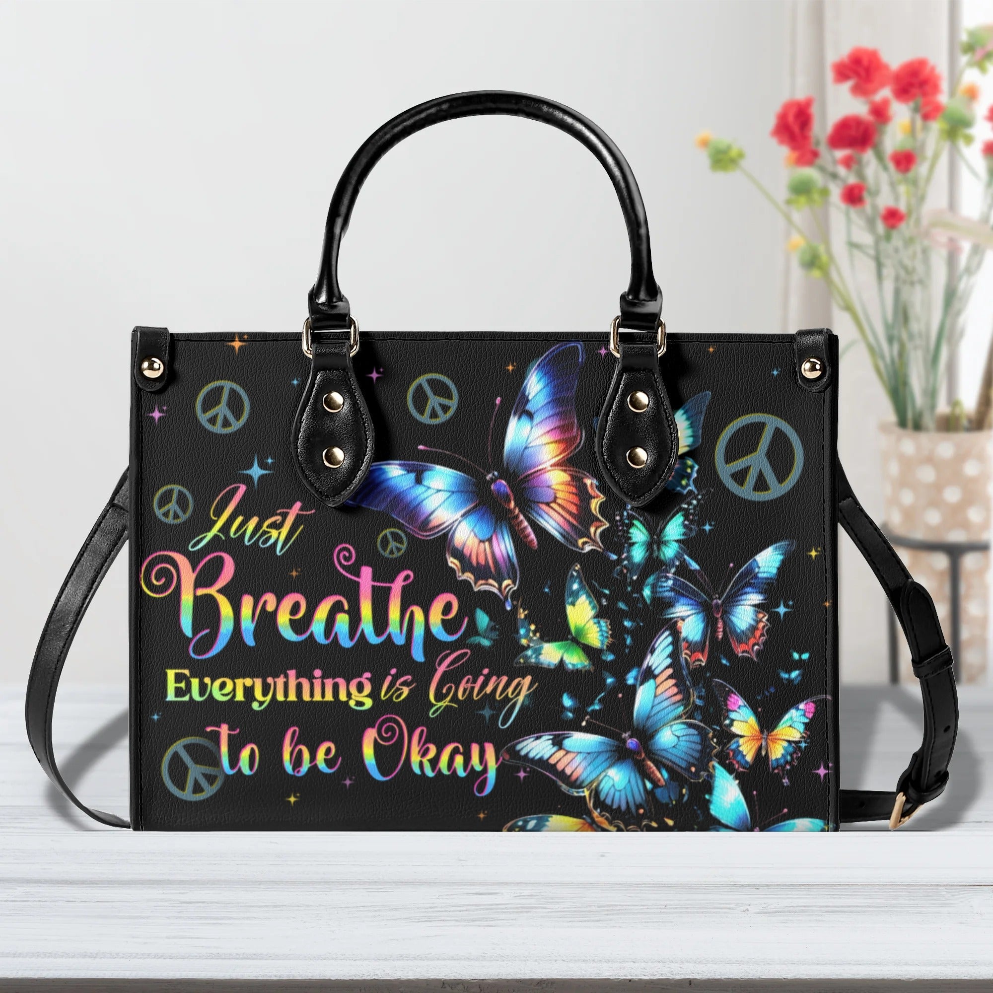 Just Breathe Everything is Going to Be Okay Butterfly and Peace Sign Hippie Leather Bag _9_ MbbR8