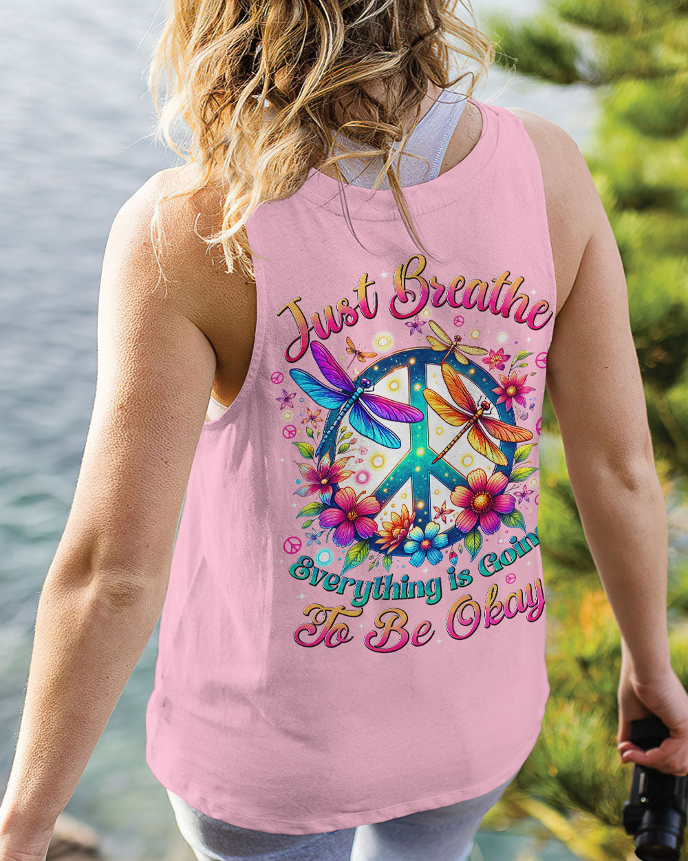 Just Breathe Everything is Going to Be Okay Colorful Dragonfly and Flower Graphic AOP Shirts _11_ JeaZg
