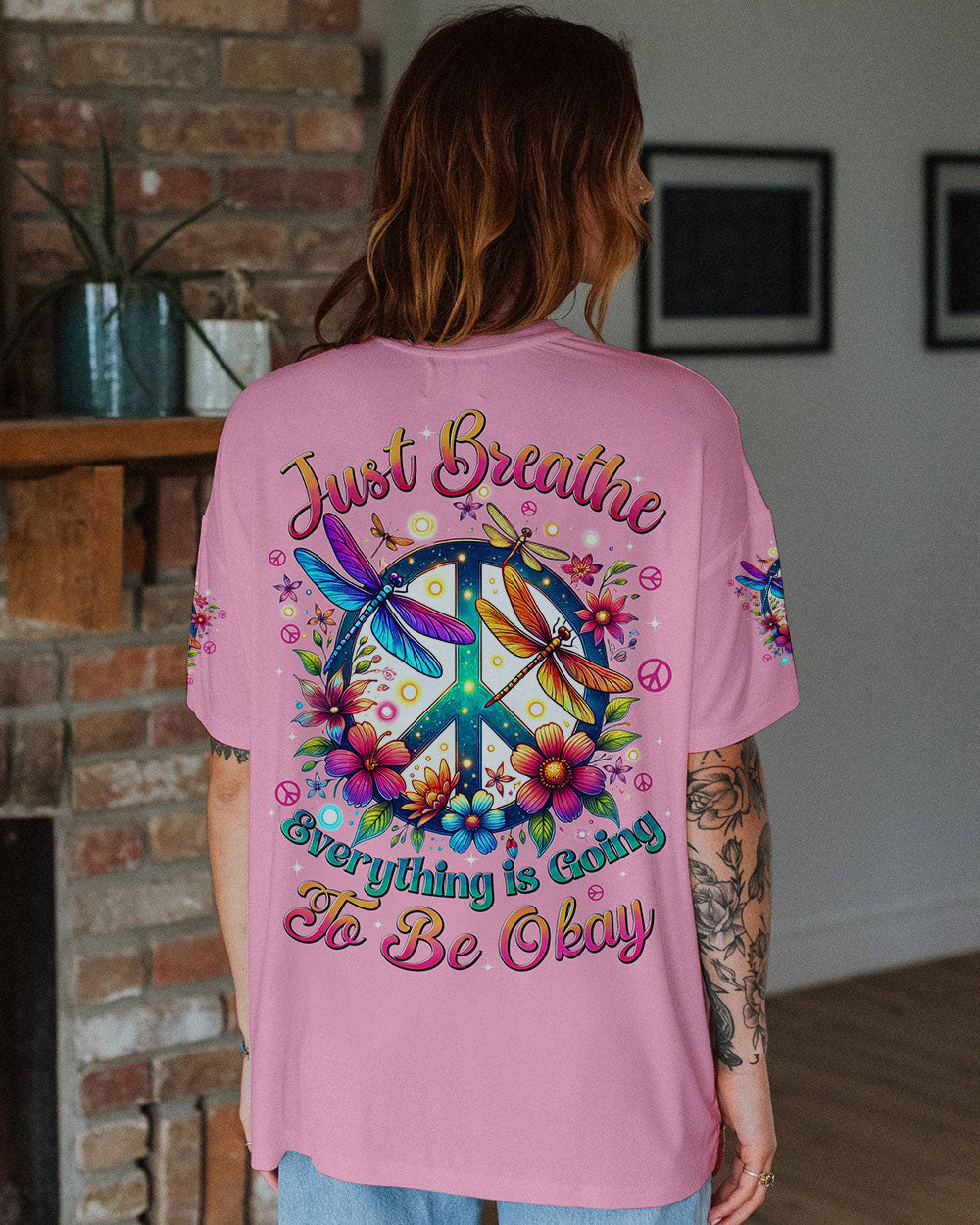 Just Breathe Everything is Going to Be Okay Colorful Dragonfly and Flower Graphic AOP Shirts _12_ PMieG