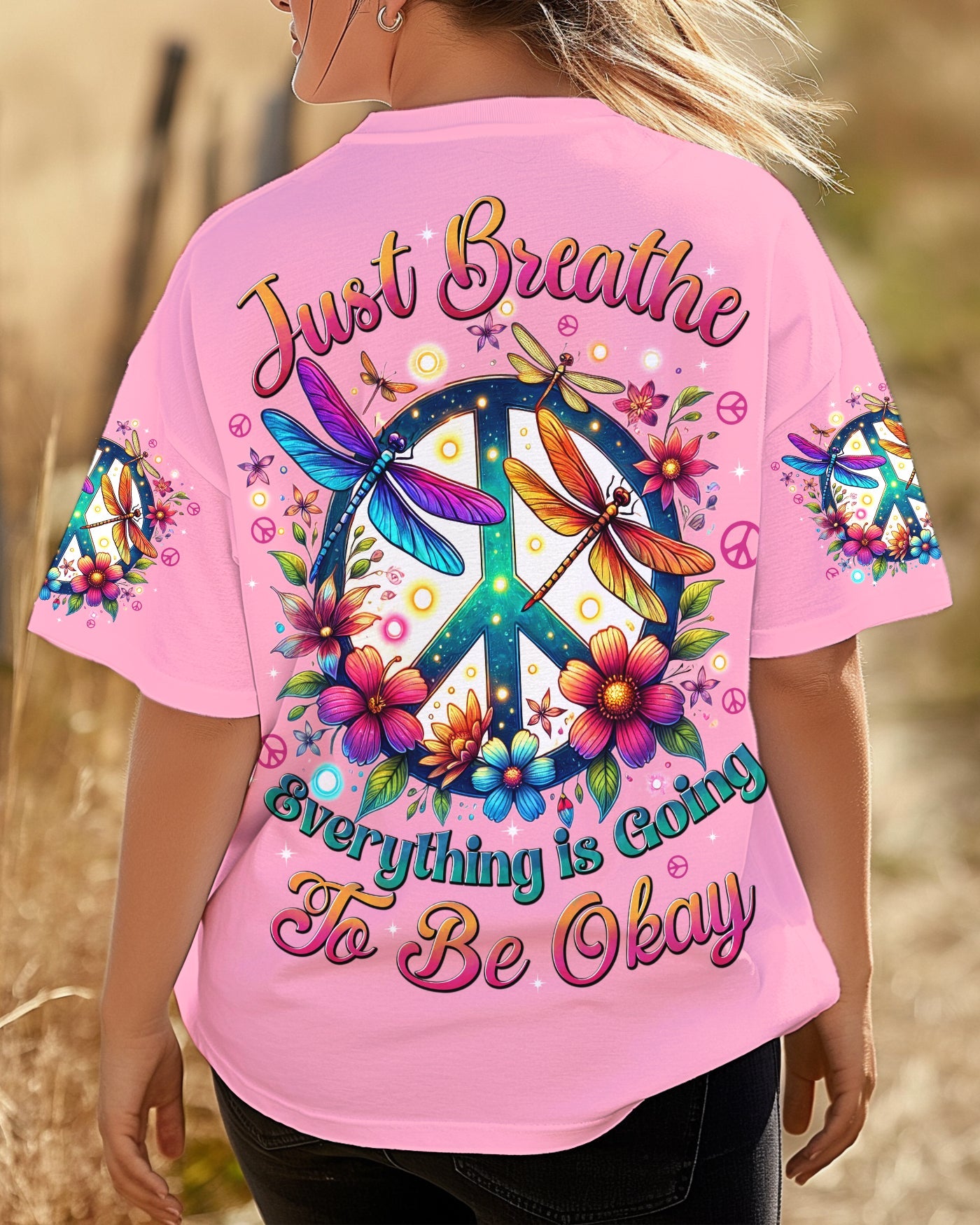 Just Breathe Everything is Going to Be Okay Colorful Dragonfly and Flower Graphic AOP Shirts _1_ xcryR