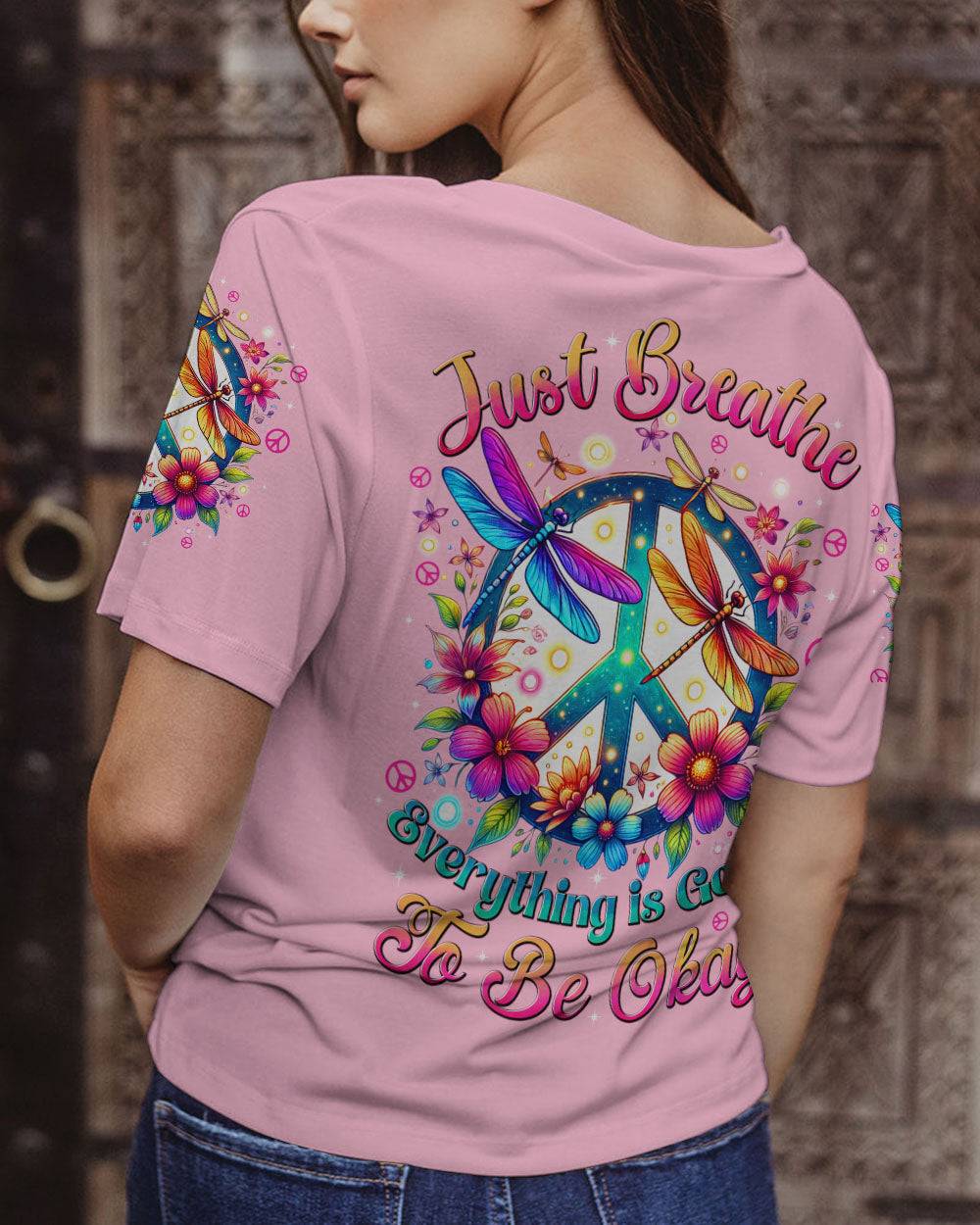 Just Breathe Everything is Going to Be Okay Colorful Dragonfly and Flower Graphic AOP Shirts _3_ ZhexS