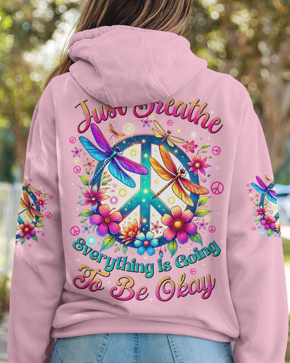 Just Breathe Everything is Going to Be Okay Colorful Dragonfly and Flower Graphic AOP Shirts _5_ f9VVK