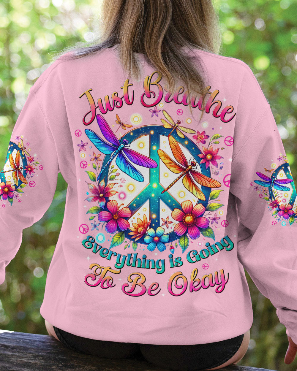Just Breathe Everything is Going to Be Okay Colorful Dragonfly and Flower Graphic AOP Shirts _7_ s8DNk