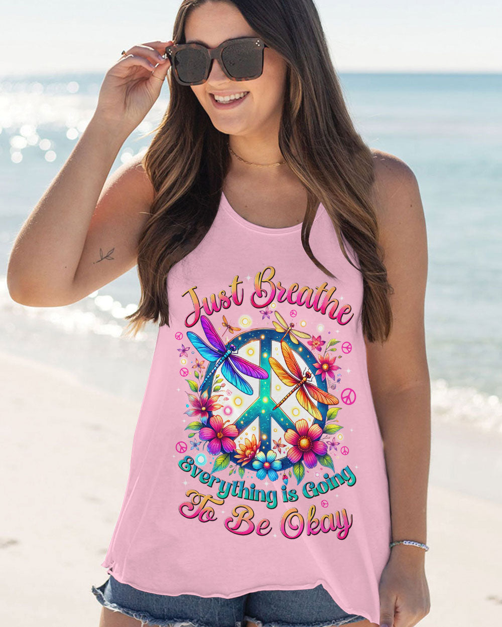 Just Breathe Everything is Going to Be Okay Colorful Dragonfly and Flower Graphic AOP Shirts _9_ jAM7G