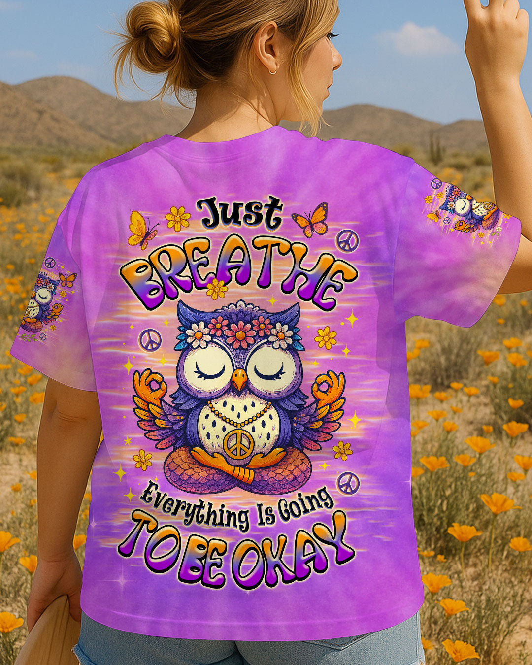 Just Breathe Everything is Going to Be Okay Cute Owl Peaceful Design AOp Shirts _1_ 7l6Hf