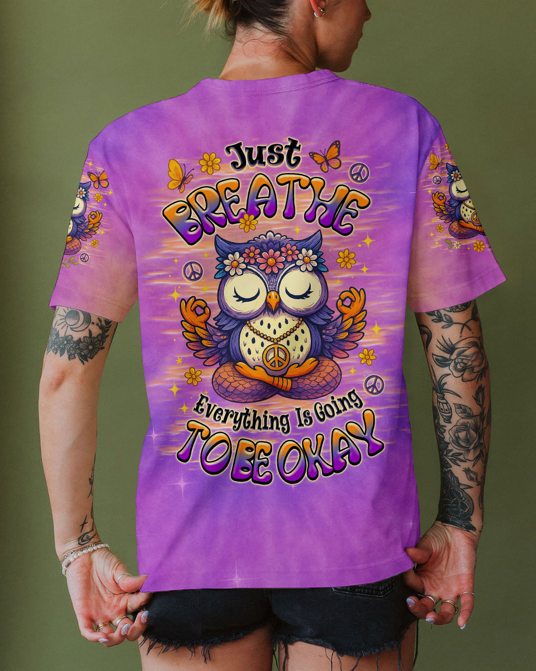 Just Breathe Everything is Going to Be Okay Cute Owl Peaceful Design AOp Shirts _3_ BTRFc