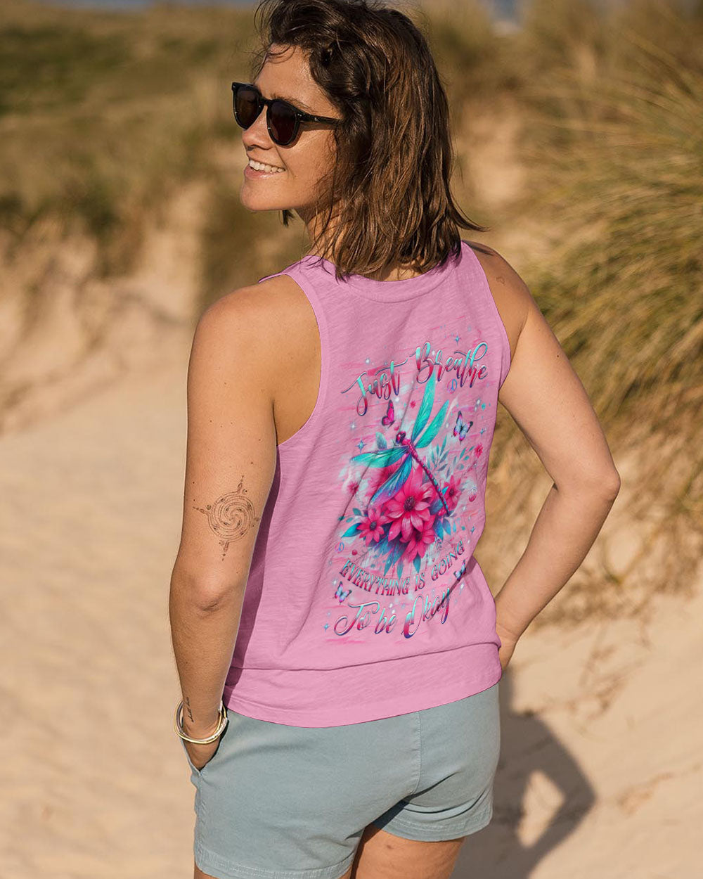 Just Breathe Everything is Going to Be Okay Dragonfly and Butterfly Graphic AOP Shirts _13_ t4w1J