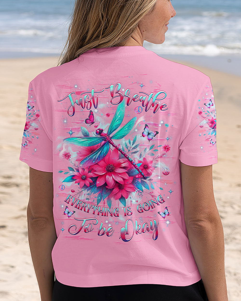 Just Breathe Everything is Going to Be Okay Dragonfly and Butterfly Graphic AOP Shirts _5_ cU1Yw