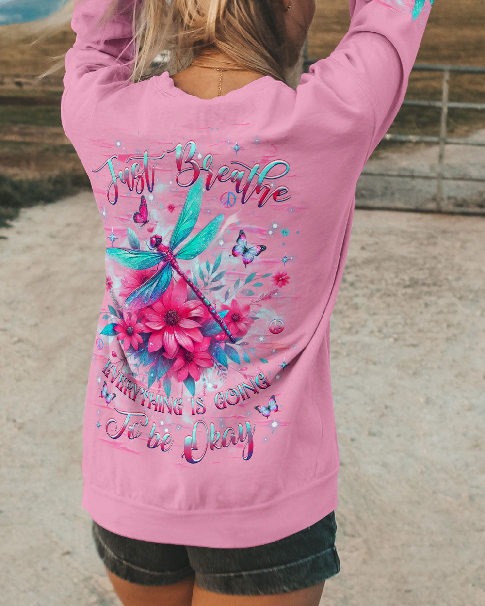 Just Breathe Everything is Going to Be Okay Dragonfly and Butterfly Graphic AOP Shirts _9_ 2bDaD
