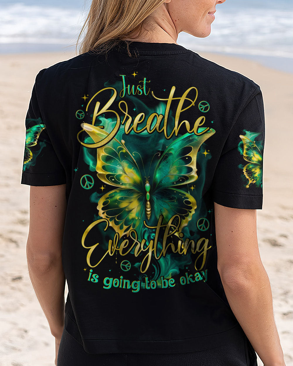 Just Breathe Everything is Going to Be Okay Glowing Butterfly AOP Shirts _3_ bAQpH