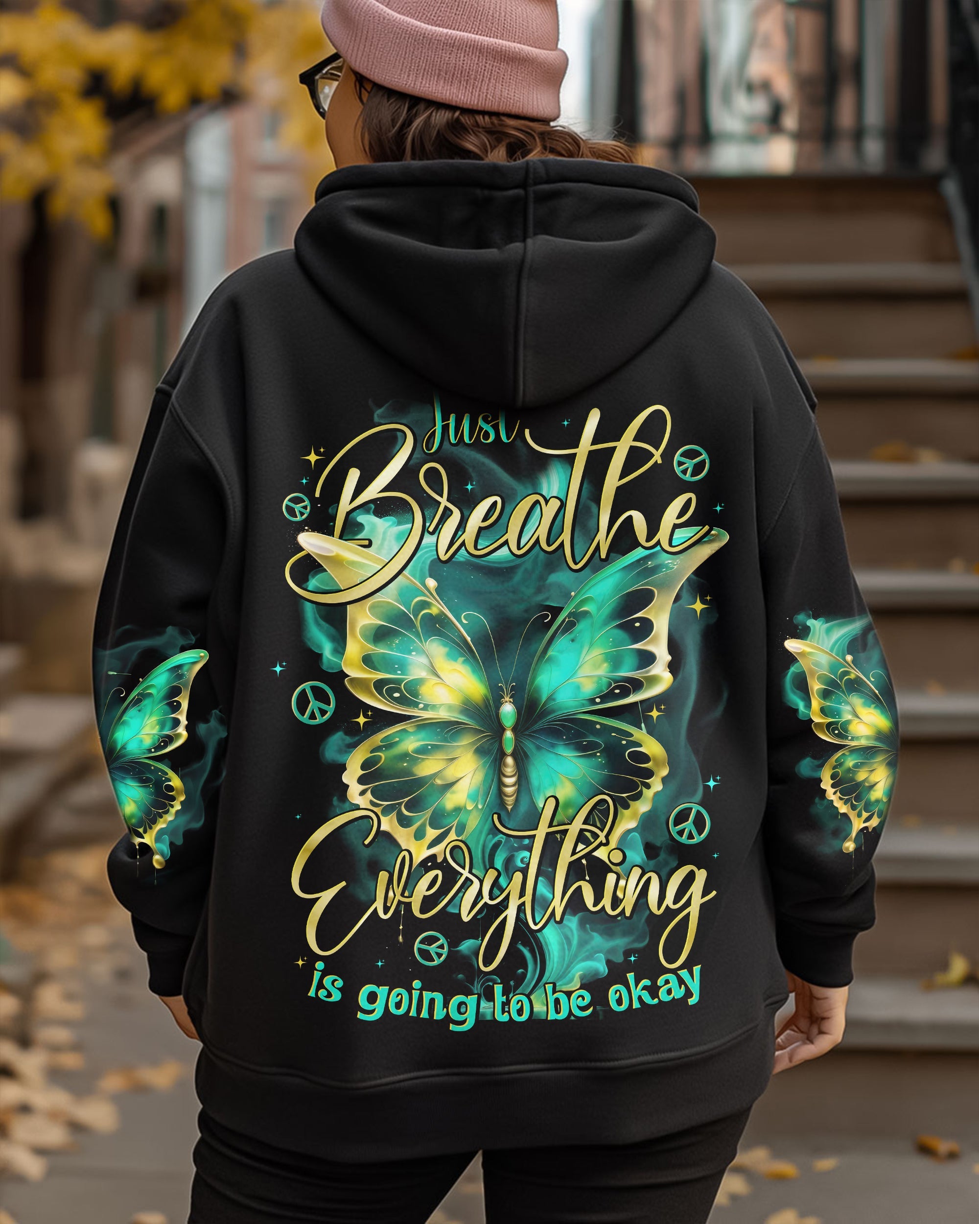 Just Breathe Everything is Going to Be Okay Glowing Butterfly AOP Shirts _5_ E2Z7J