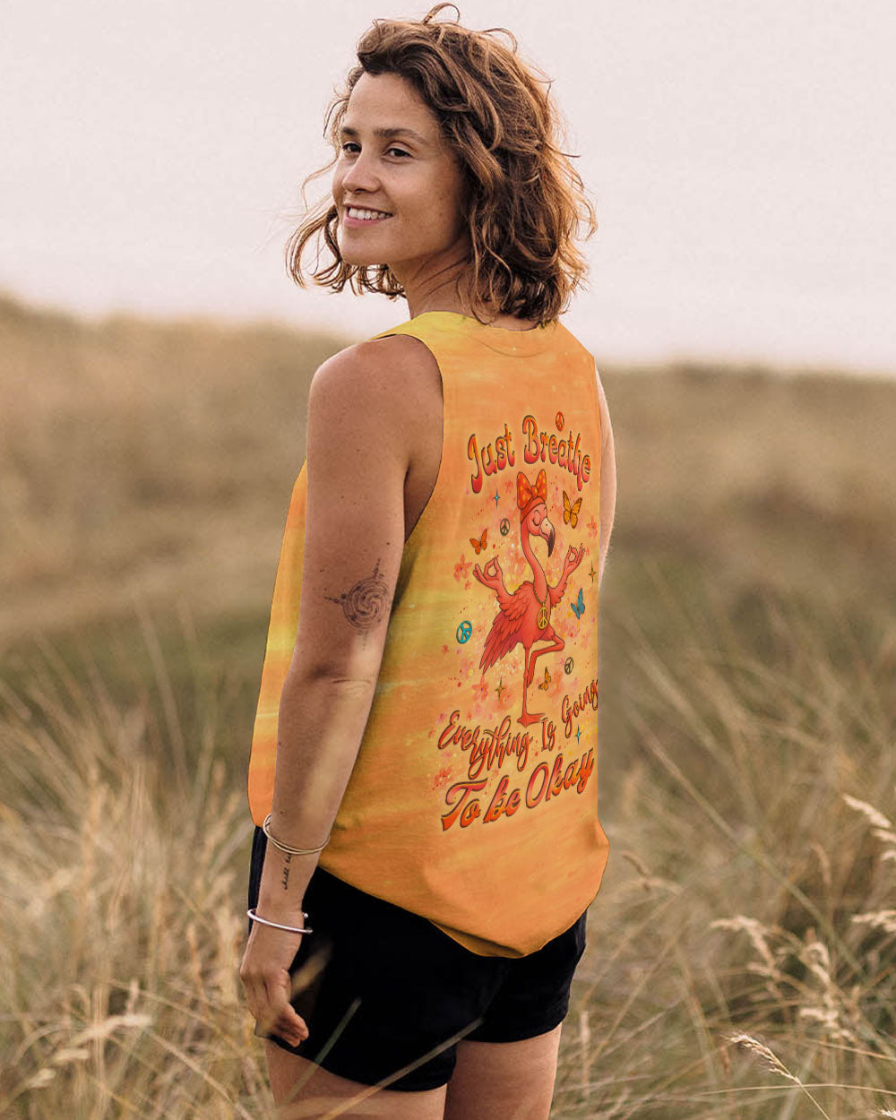 Just Breathe Everything is Going to Be Okay Peaceful Flamingo Bright Orange Design AOP Shirts _13_ xdFK9