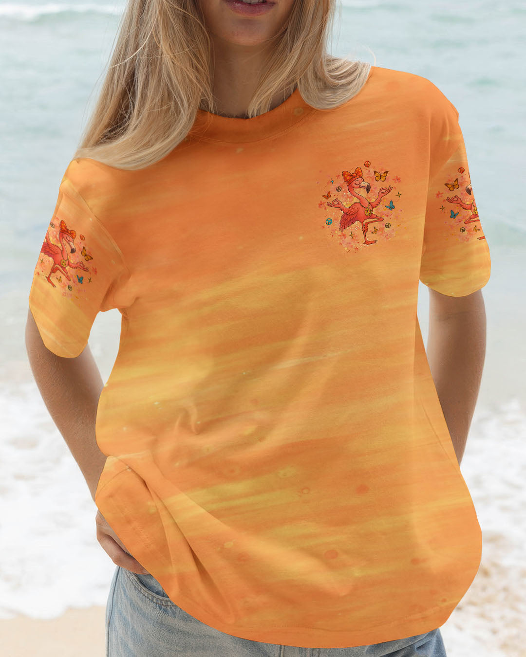 Just Breathe Everything is Going to Be Okay Peaceful Flamingo Bright Orange Design AOP Shirts _2_ YORG7